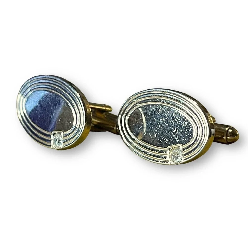 Gold Tone Cufflinks with Glass Stone Unsigned